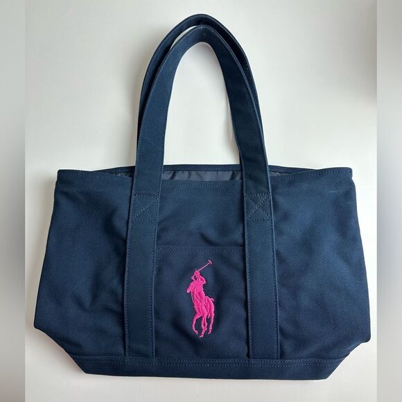 Polo Ralph Lauren Canvas Tote Bag Navy With Pink Fuchsia Pony Embroidered RARE - Picture 2 of 14